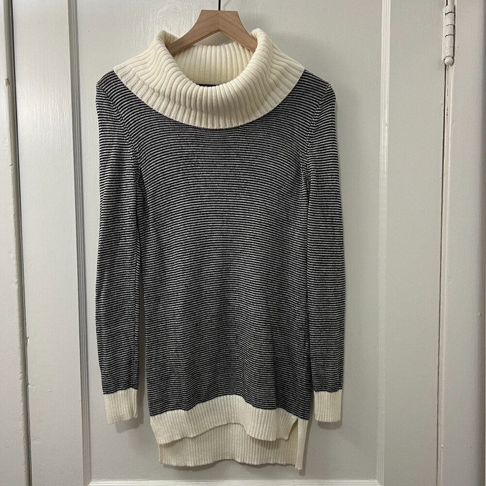 LOFT Women's Black Cream Stripe Tunic Sweater Cowl Turtleneck Size S Petite